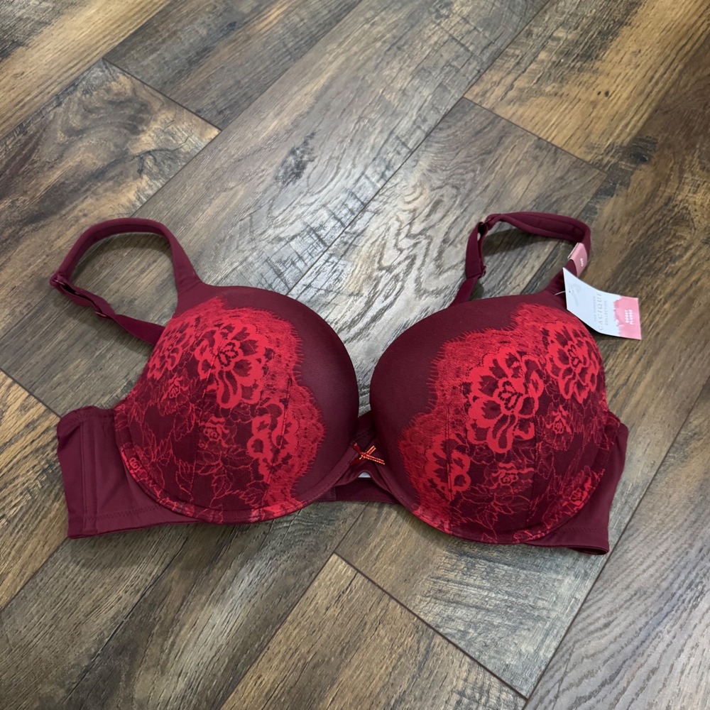 Cacique Boost Plunge Bra Burgundy Red Floral Lace 40D Modern Collection NWT